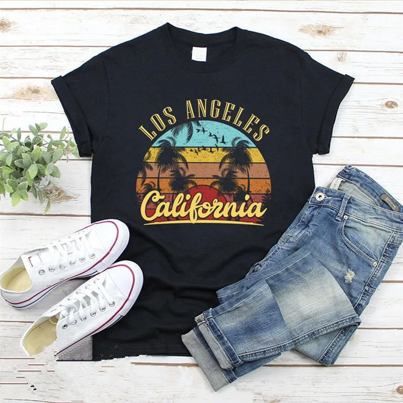 LOS ANGELES California Letter Print Tshirt Women Beach Landscape Graphic  Tees Short Sleeve O-neck Summer T shirt Female T-shirts - AliExpress
