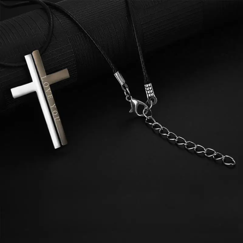 Jiayiqi Unique Cross Couple Necklace Love YOU Pendant Necklace Stainless Steel Men Women Trendy Jewelry Valentine Day Party Gift