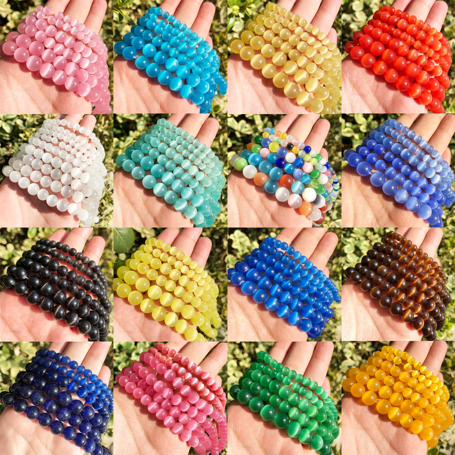 Natural Pink, White, & Blue Cat Eye Round Loose Beads for Jewelry Making - High-Quality Moonstone DIY Bracelet, 15 Strand