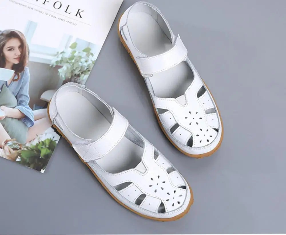 Women Mother Genuine Leather Sneake Soft Bottom Sandals Flats Summer Ladies Hollow Out Beach Shoes Quality Hot Gladiator Sandals