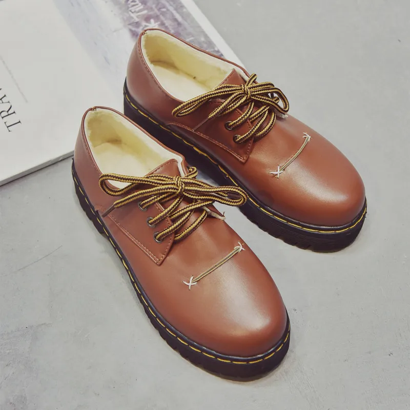 Brown plus velvet Meifeini/ г. Осенне-зимняя новая женская обувь с круглым носком Корейская версия диких маленьких туфель обувь на толстой подошве в стиле ретро - Цвет: Brown plus velvet