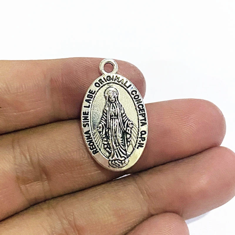 4pcs 27x16mm Charm Maria Medal Catholic Gift Virgin Mary Sacred Heart Amulet Chest Medal Silver Color Pendants - -