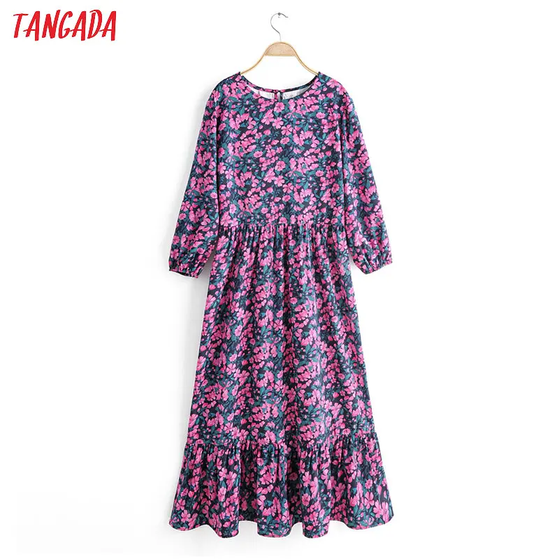 

Tangada korean fashion women flowers spring dress pleated o neck Long Sleeve Ladies Loose midi Dress Vestidos 1F21