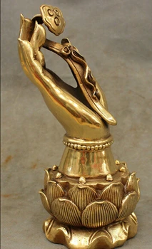 

---328+++ 8" Chinese Brass Buddhism Lotus Kwan-yin Buddha Fo Hand Hold RuYi Statue