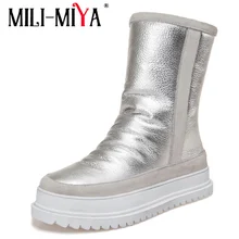 MILI-MIYA; Модные женские зимние сапоги до середины икры из натуральной кожи; зимняя теплая шерстяная обувь на меху; удобная однотонная женская обувь ручной работы на танкетке