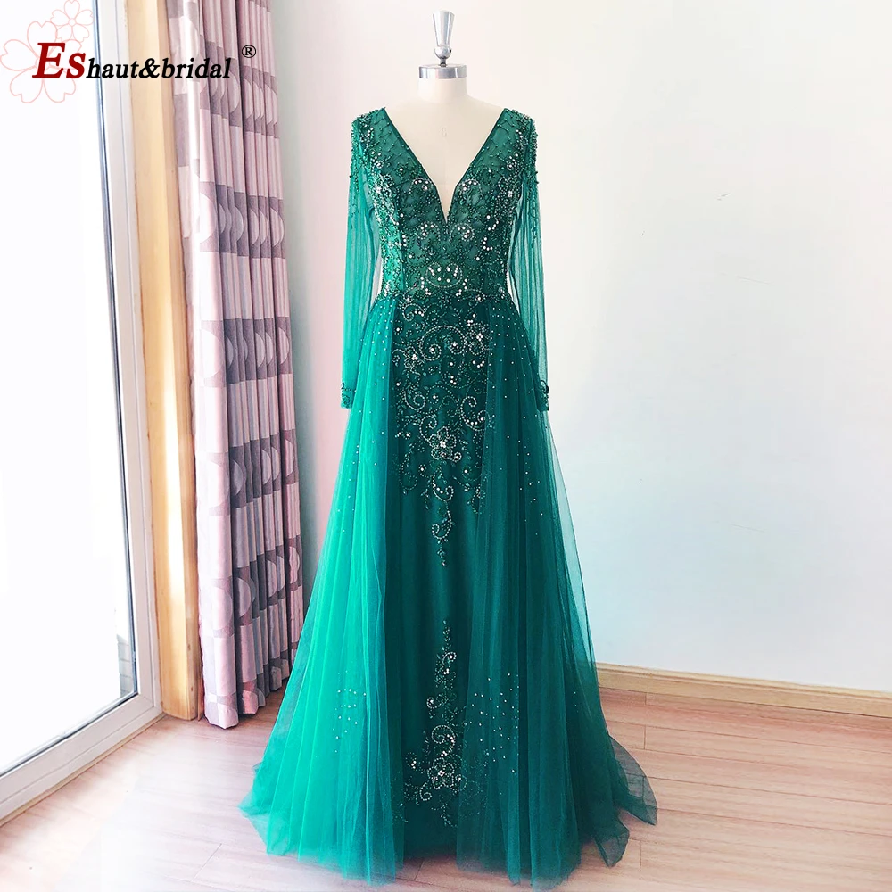 Vestido de noche de sirena para mujer, elegante vestido de noche de manga larga con cuello de de lujo, de tul de cristal, Formal, para fiesta de graduación y boda, 2022|Vestidos