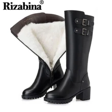 RIZABINA/женские сапоги до колена из натуральной кожи; однотонная обувь на высоком каблуке с круглым носком; зимняя теплая плюшевая женская обувь; Размеры 35-43
