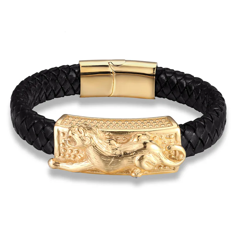 MKENDN Punk Style Design Gold Fish Bones Genuine Leather Bracelet for Men Stainless Steel Magnetic Button Gift Male Bracelets