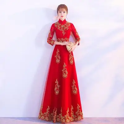 Весна Осень женское кружевное цветочное Qipao сексуальное длинное сексуальное Чонсам Новое винтажное китайское женское вечернее платье плюс размер 3XL - Цвет: Red B