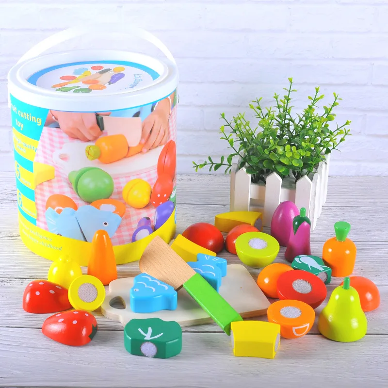 Velcro Wooden Fruit and Vegetable Combination Cutting Toys Set Children Simulation Pretend Play Kitchen Game Kids Birthday Gift