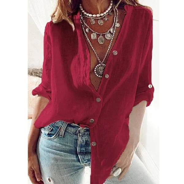 Fashion New Women Shirts White S-5XL Plus Size Autumn Tops Casual Loose Solid Color Cotton Rollable Sleeve V-neck Blouses Blusas