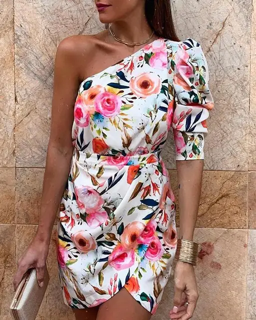 One Shoulder Floral Print Bodycon Dress Women One Sleeve Plunge Summer Dress 2021 Irregular Sexy Party Dresses 4