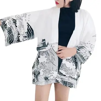 

Dragon Wave Print Sun Protection Cardigan Beach Cover Women Japanese Kimono breathable material comfortable to wear
