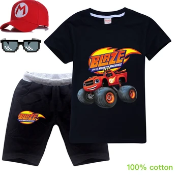 

Flame monster machine car Russian miracle broken car vehicle pattern children's clothing boys and girls cotton summer suit 4pcs