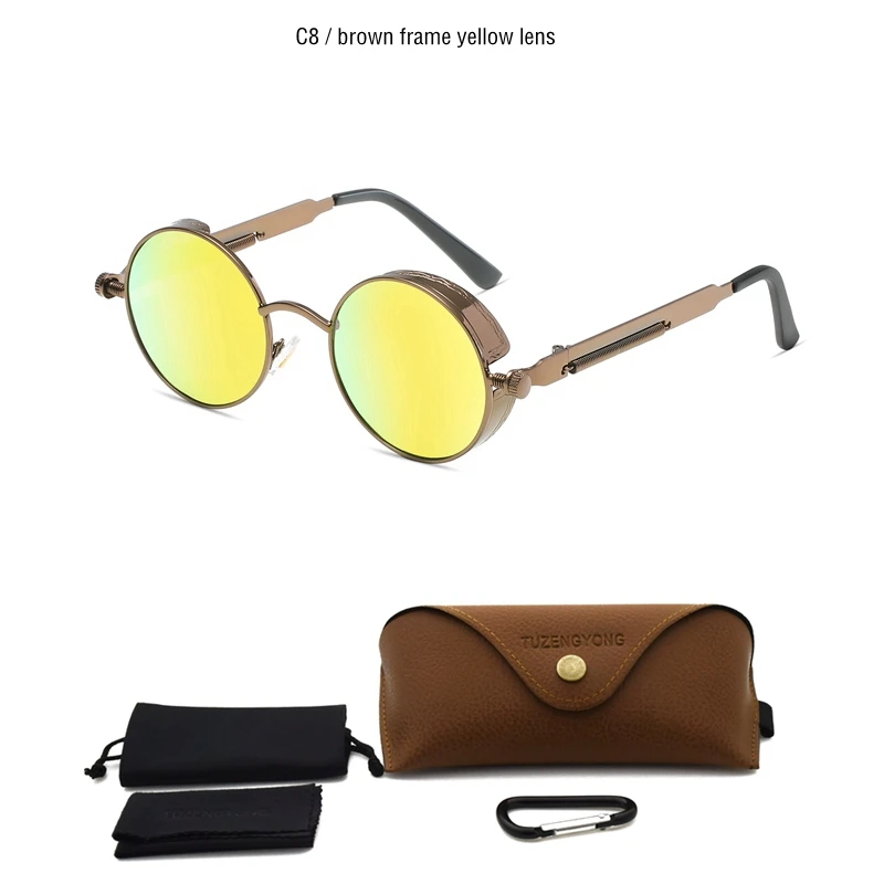 T8028 C8 Brown case Винтажные поляризационные солнцезащитные очки, для мужчин и женщин, круглые очки в металлической оправе в стиле стимпанк, дизайнерские очки со степенью защиты UV400 - Цвет линз: T8028 C8 Brown case