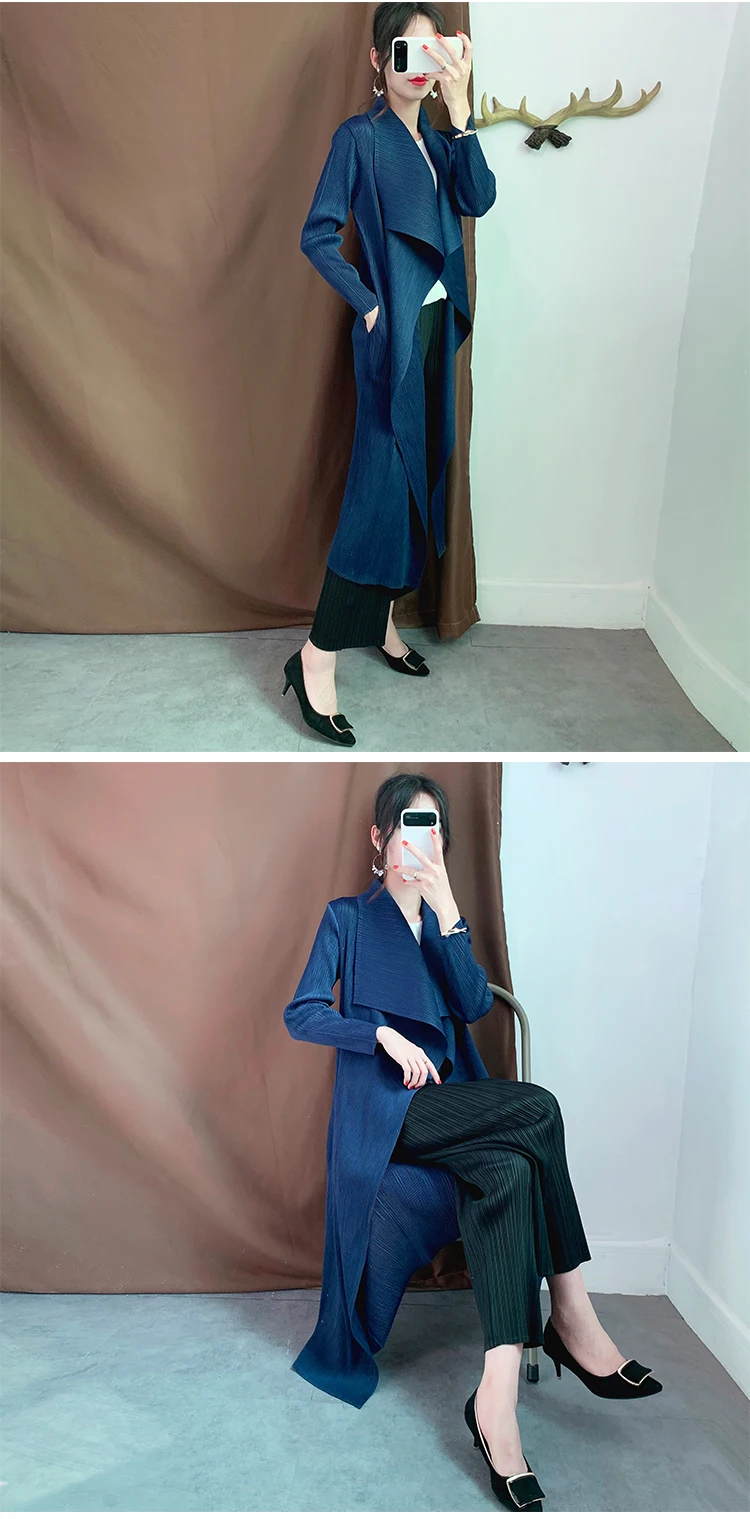 Miyake плиссированный плащ, пожалуйста, отложной воротник, открытая стежка, Асимметричная Длина, однотонное длинное пальто, двухэтажная ветровка, новая осенняя