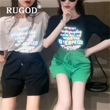 

RUGOD 2020 New Reflective Summer Women T-shirt O-neck Letter Print Short Sleeved Loose Casual Cotton Tunic