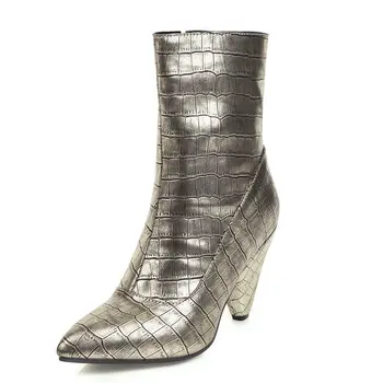 

2020 Women Spike Heels Boots Pu Leather High Heel Ankle Boots Pointed Toe Zipper Autumn Winter Women Shoes Black Red Gold
