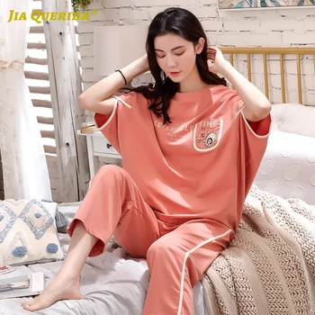 

Short Sleeve New Fashion 100% Cotton Crew Neck Pajamas Set Homesuit Homeclothes Sleepwear Casual Style Summer Woman Clothes