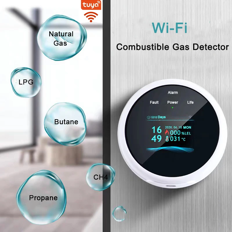 Tuya Wifi Smart Natural Gas Alarm CH4 Sensor Heat Detector With Temperature Function Combustible Gas Leak Alarm App Control LED security alarm keypad