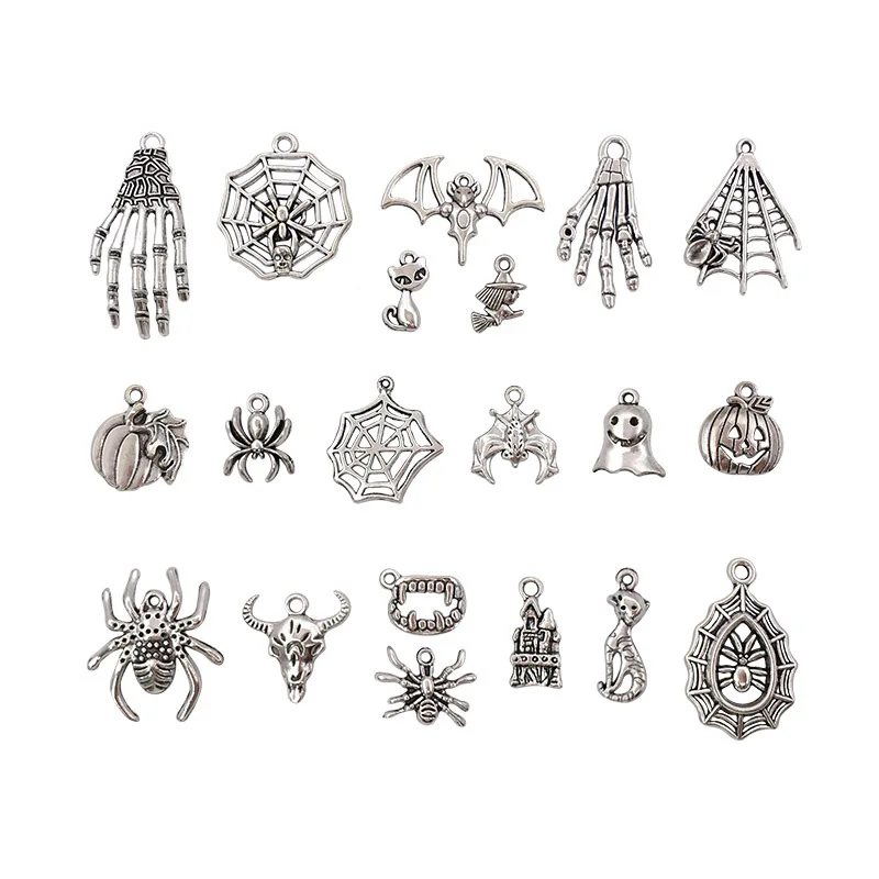 

New Style 40PCS/Pairs Halloween Charms Mixed Alloy Pumpkin Skull Ghost Clown Spider Bat Cat Pendant Jewelry Making Accessory