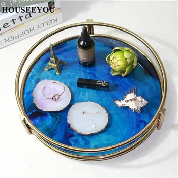 

Luxury Golden Plating Round Storage Tray Makeup Organizer Dessert Snack Plate Jewelry Display Home Dressing Table Decoration