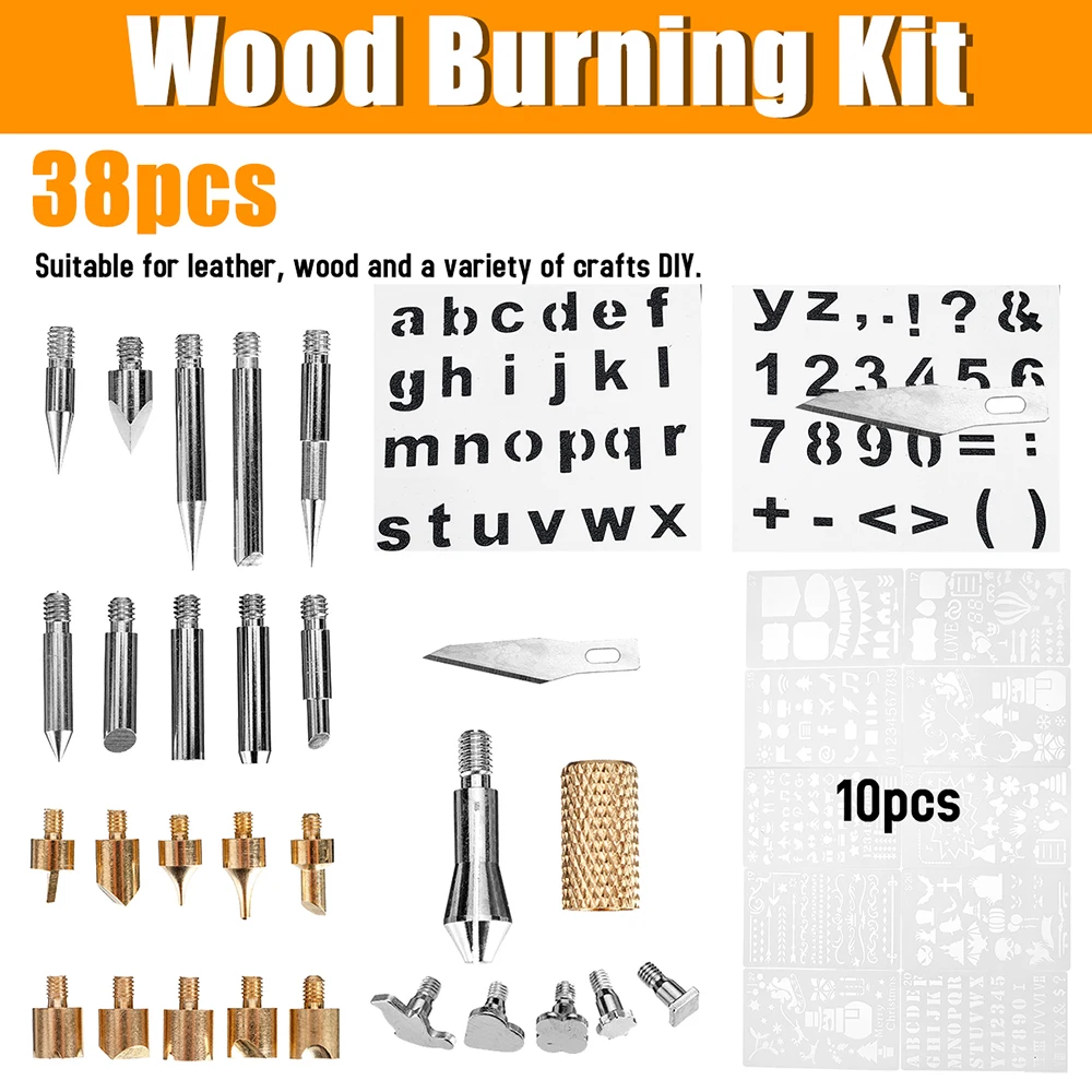 33/38Pcs Electric Wood Burning Kit Temperature Adjustable Soldering Pyrography Burning Pen Embossing Carving Tips Craft Tool
