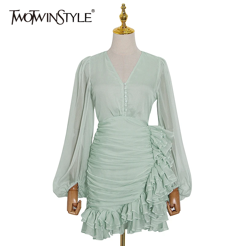 TWOTWINSTYLE Elegant Asymmteircal Summer Dress Women V Neck Lantern Sleeve High Waist Patchwork Ruched Ruffle Dresses Female New TWOTWINSTYLE Elegant Asymmteircal Summer Dress Women V Neck Lantern Sleeve High Waist Patchwork Ruched Ruffle Dresses Female New