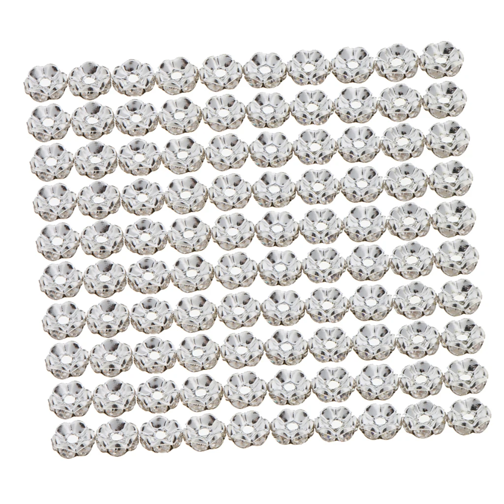 100 Pcs 8mm silver color Stainless Steel Rhinestone Loose Beads Spacer DIY Findings Flower /Round Style for NecklaceBracelet Jewelry