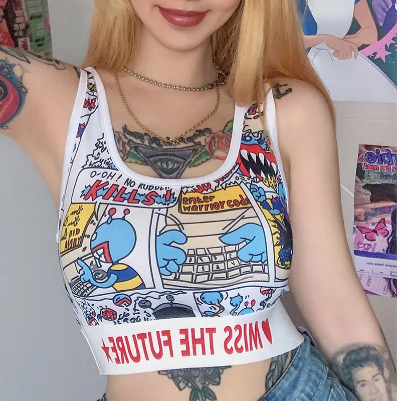 

2020 New Women'S High-Waist Webbing Sports Vest Comic Pattern Sexy Crop Top Sleeveless Cute Gym Tee Shirt
