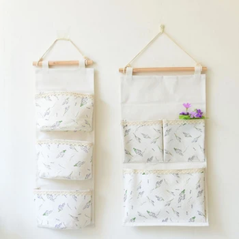 

Lavender Fresh Home Cotton And Linen Hanging Bag Wall Decoration Three Pocket Storage Bag Grocery Storage Bag