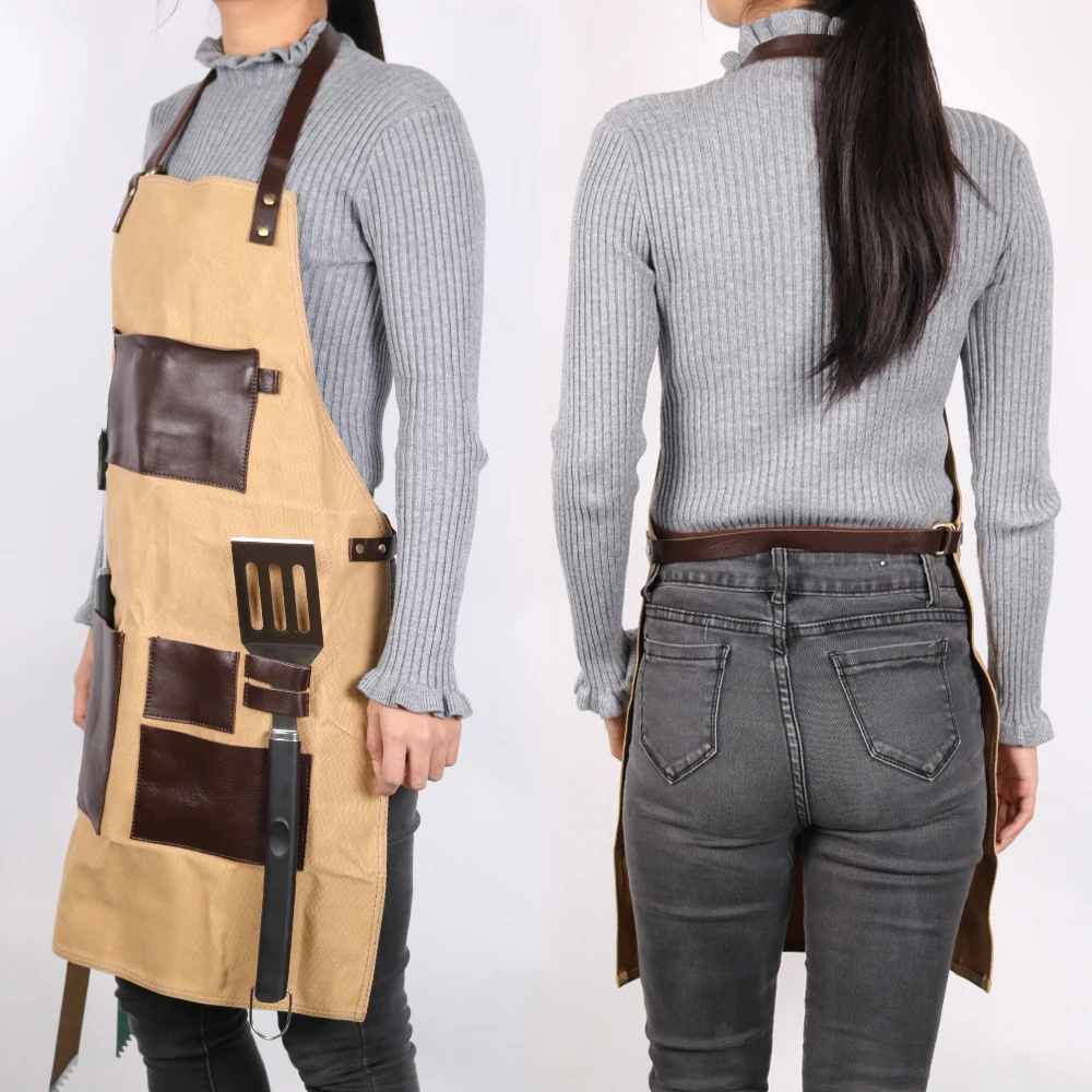 WEEYI Lady Women Men Adjustable Waxed Canvas Apron For Kitchen Cooking Coffee Shop Restaurant BBQ Aprons With Pockets Pinafore