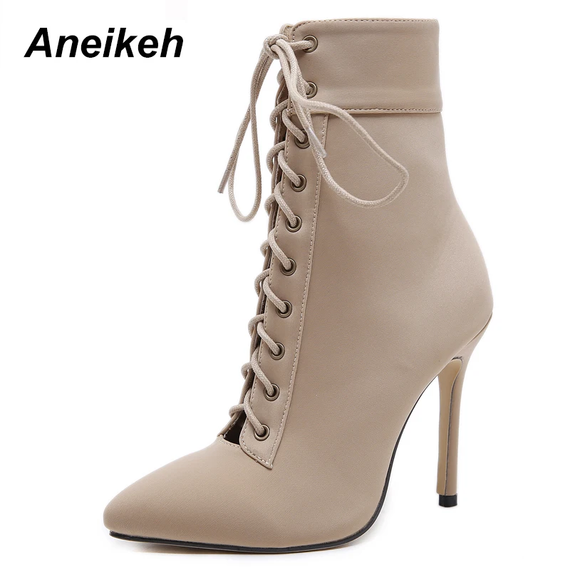 Aneikeh/новые женские модные ботинки из эластичной ткани женские пикантные ботинки «Челси» на высоком каблуке с острым носком и перекрестными ремешками на шнуровке Обувь для ночного клуба