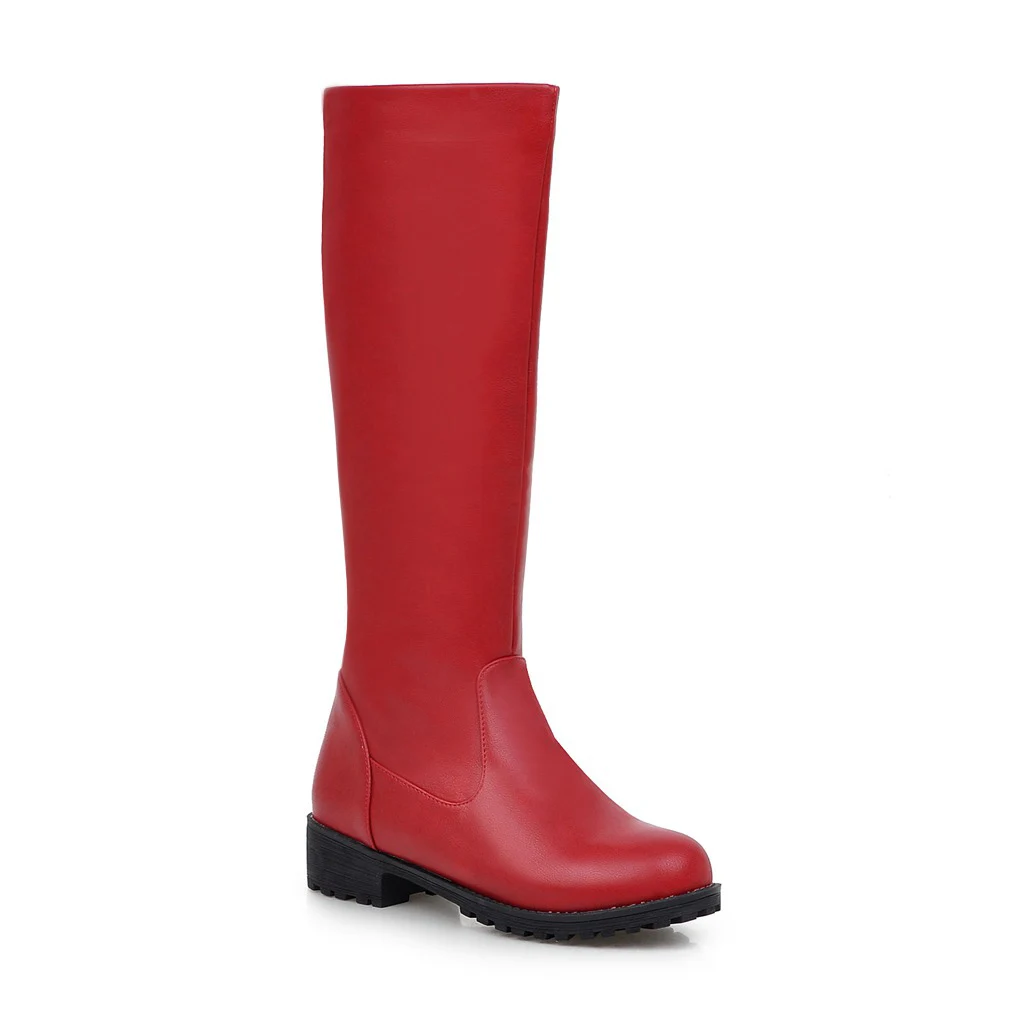 Women Shoes Autumn Winter Riding Boots Square Heel Western Boots Slip-On Med Heel Knee High Boots Ladies New Red Plus Size34-43