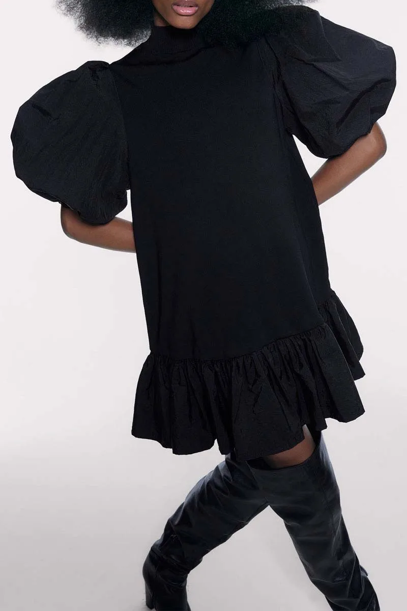 Женское мини-платье с пышными рукавами, весна, Черное женское платье с оборками и высоким воротником, повседневное модное осеннее платье, новинка YNZZU YD308