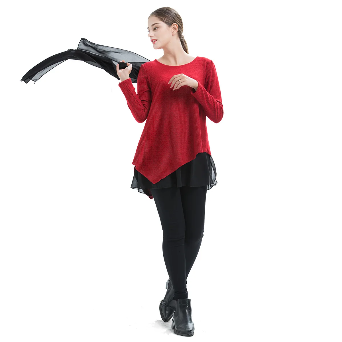 Футболка размера плюс, 3XL 4XL, с длинным рукавом, однотонная, хлопковая, с круглым вырезом, серая, красная, Рубашки, Топы, Женская мода T73171