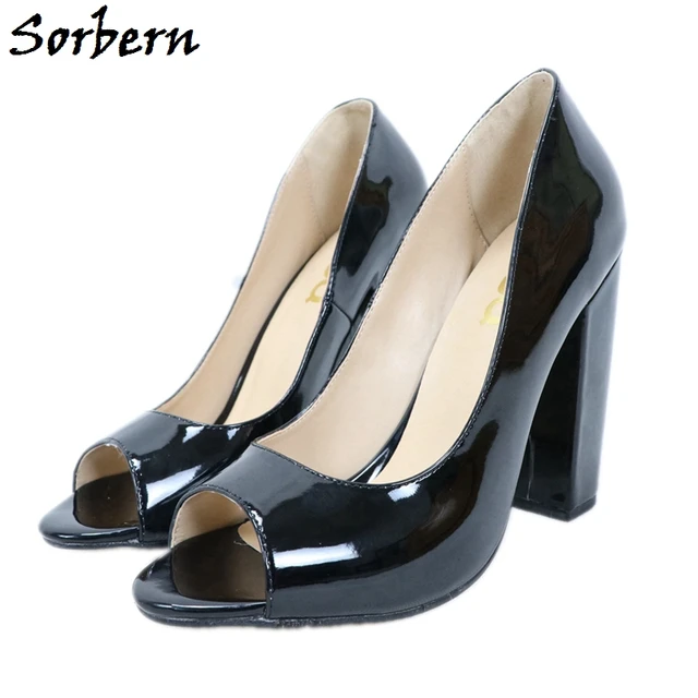 black patent block heels