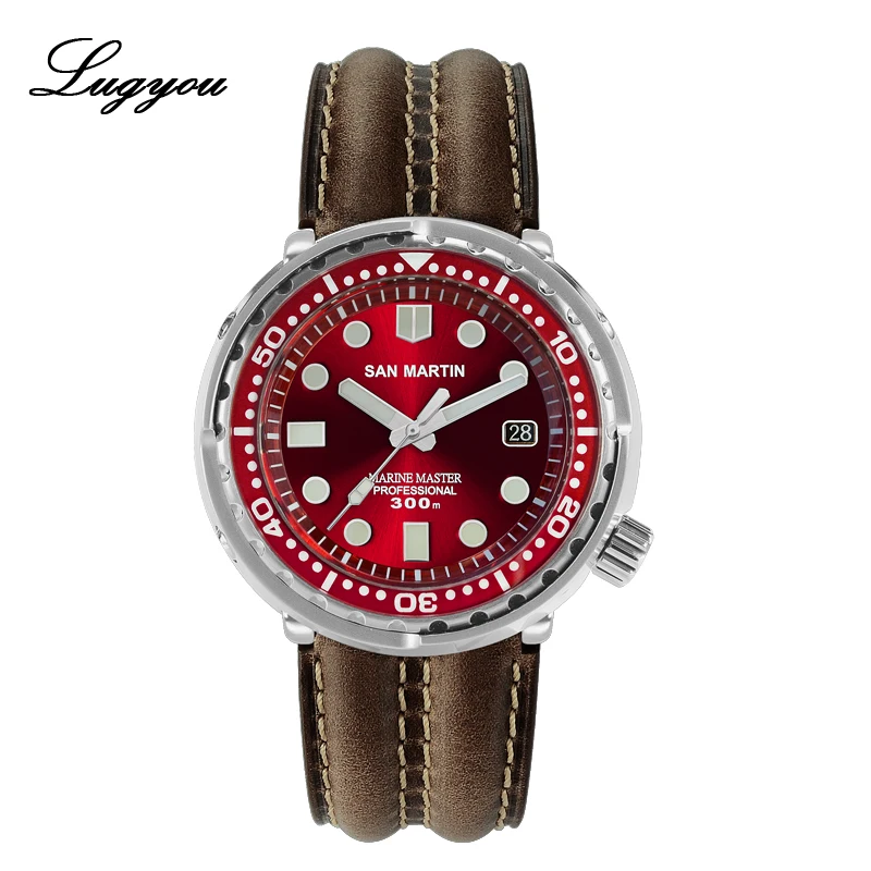 Lugyou Сан Мартин тунец SBBN015 автоматические мужские часы для дайвинга из нержавеющей стали 300 м водостойкие солнечные лучи циферблат металлический браслет - Цвет: Leather Red