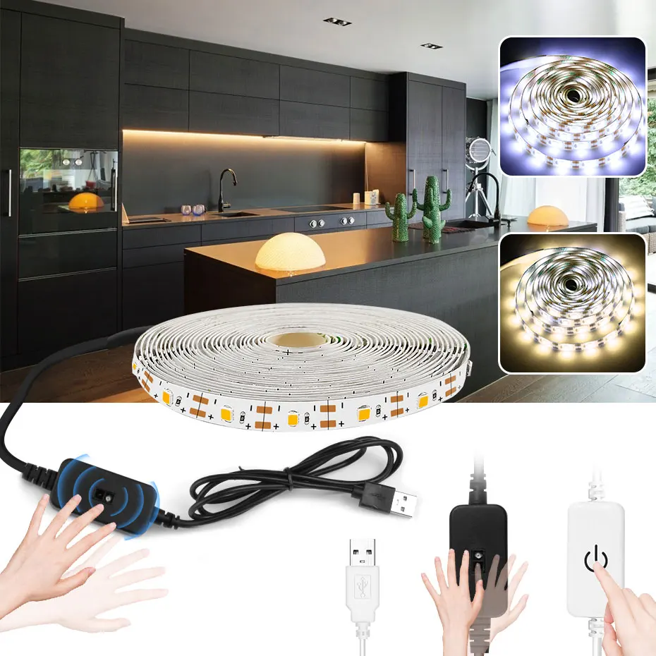 5m 5V USB Touch Or Hand Sweep Sensor Dimmable Led Strip Light Waterproof Tira Led Tape For Kitchen TV Backlight Bathroom Mirror