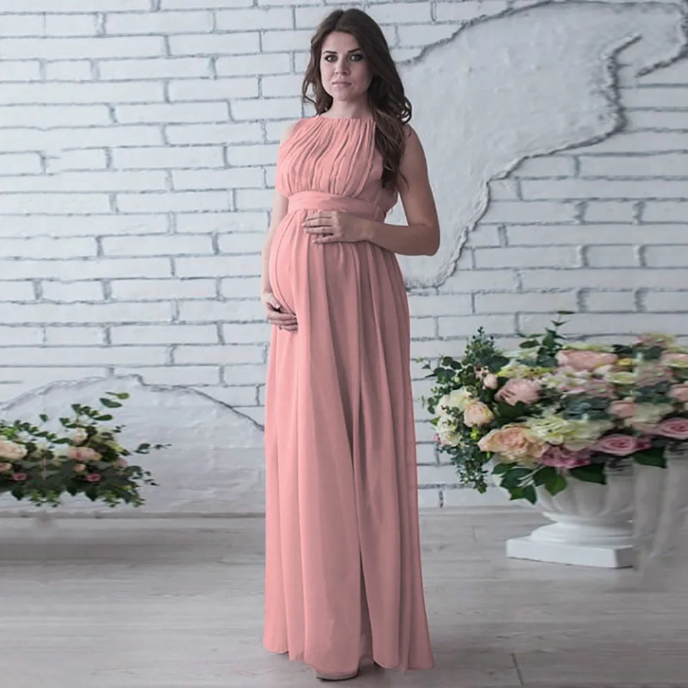 Костюм-платье, сплошной цвет, без рукавов, круглый вырез, талия, портрет, длинное, для беременных женщин, шифоновое платье, платья для беременных, для фотосессии - Цвет: pink colour