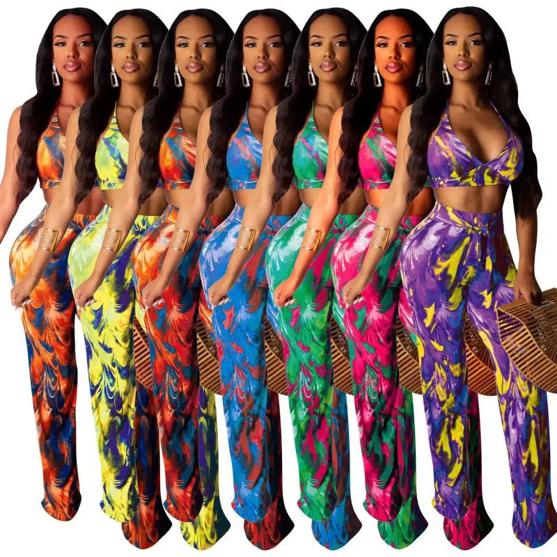 

Short E Cropped Plus Size Summer 2019 Two Piece Set Tie Dye Crop Top and Pants Women 2 Piece Set Matching Sets Club Outfits