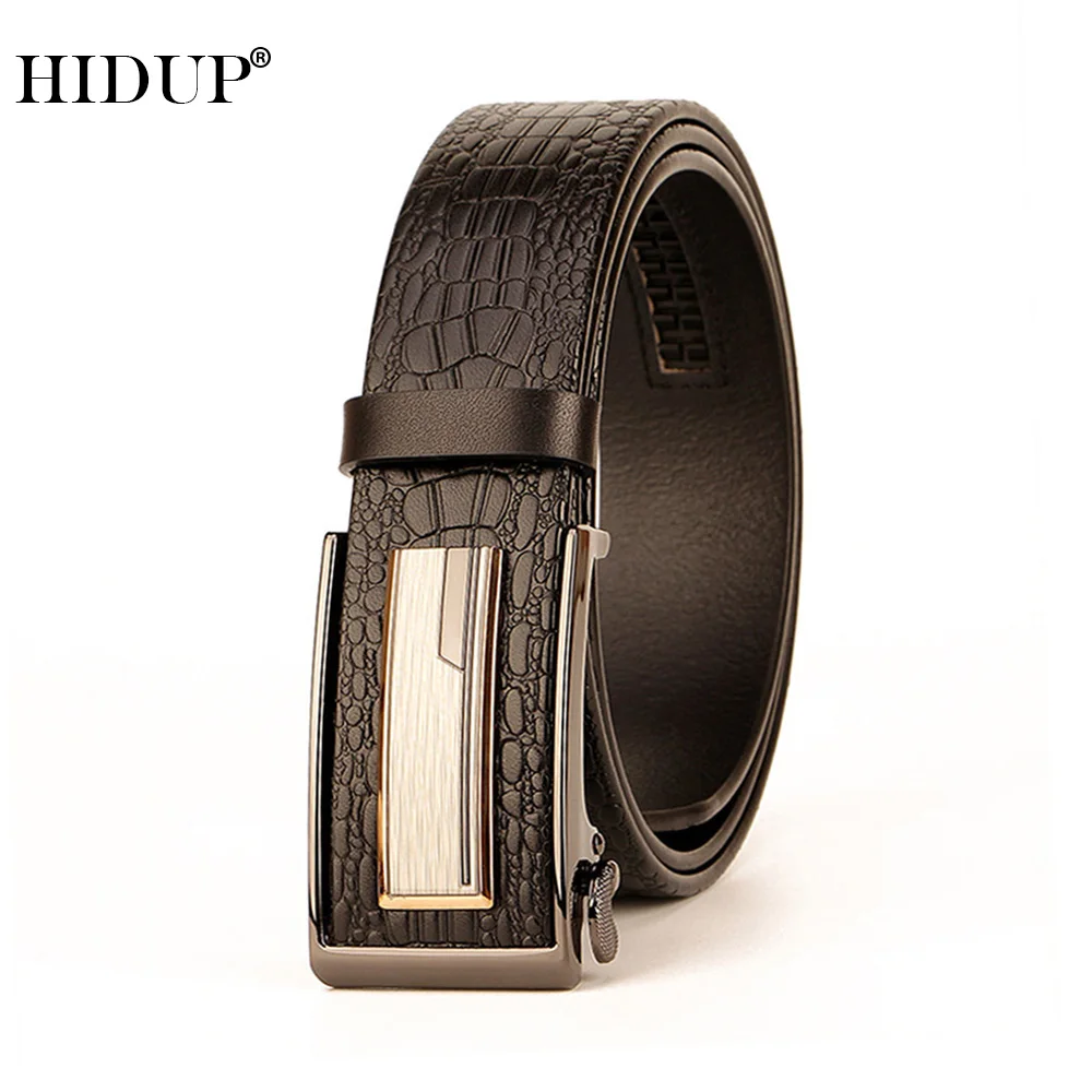 HIDUP Top Quality Crocodile Line 100% Pure Solid Cowhide Leather Ratchet Belts 3.5cm Width Automatic Belt for Men Jeans NWJ879