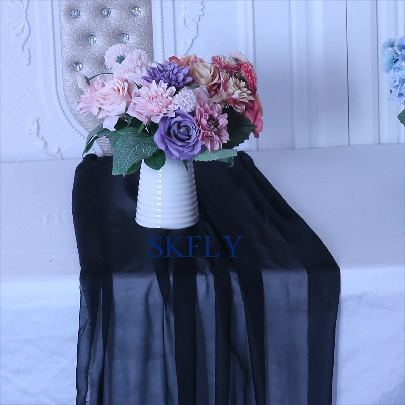 RU015U  cheap party decoration plain black sheer chiffon volie table runner 2