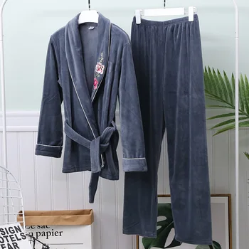 

Bride Wedding Embroidery Flower 2PCS Pajamas Sets Sexy Bathrobe&Pant Sleep Suit Women Autumn Winter Pyjamas Underwear Homewear