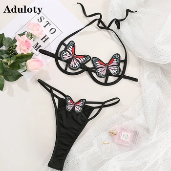 

Women Sexy Butterfly Applique Around Neck Lace Underwear Set Steel Ring Gathered Bra Set Hollow Perspective Thong Underwear Set