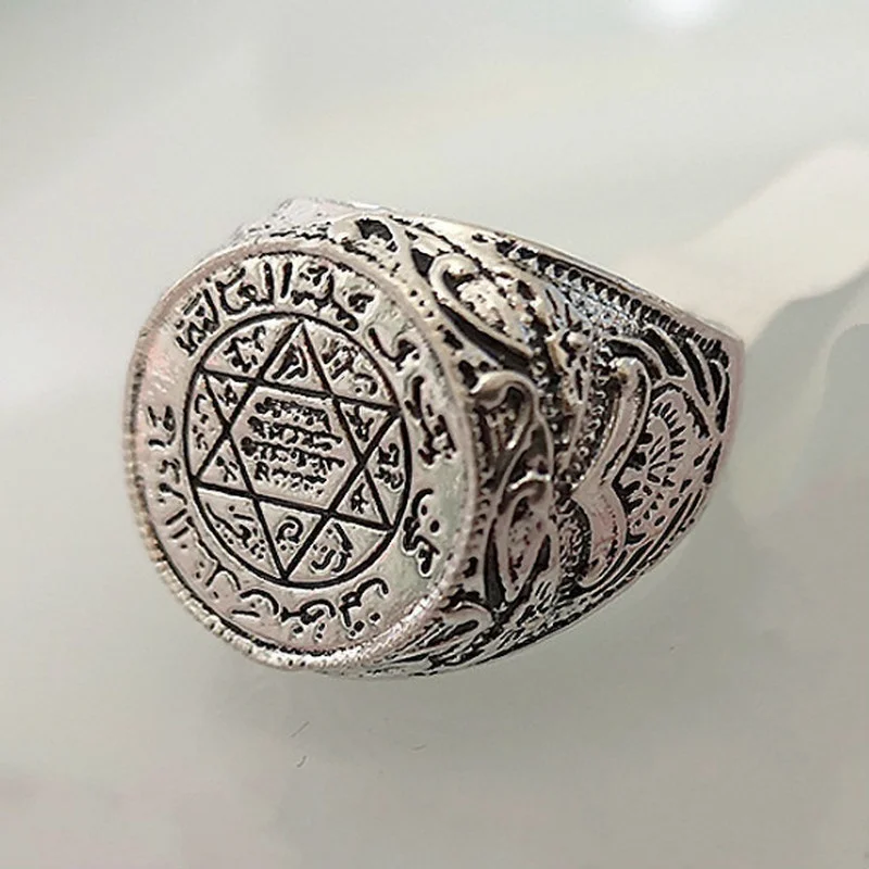 Islam Muslim Rune Hexagonal Star Ring Men's Women's Ring New Fashion Metal Big Ring Accessories Party Jewelry Size 5-11