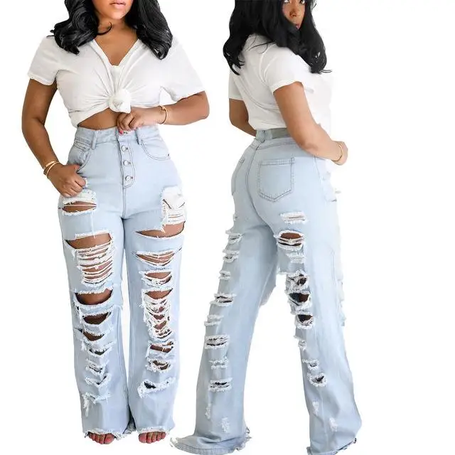 lightblue Женские модные джинсы с высокой талией, рваные прямые брюки с прорезями, рваные джинсы в мужском стиле для женщин, S-2XL - Цвет: lightblue