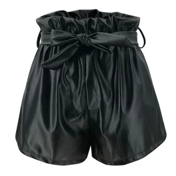 

Black PU Leather Shorts Women High Waist Streetwear Wide Leg Faux Leather Shorts Sashes Sexy Club Punk Summer Loose PU Shorts