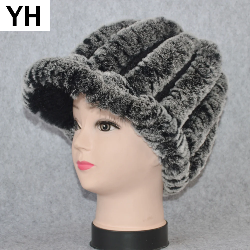 Россия Настоящий мех кролика шапка Для женщин Зимняя вязаная натуральным шапки из меха кролика Рекс, Фирменные женские теплые Повседневное из натурального меха шапочки шляпа