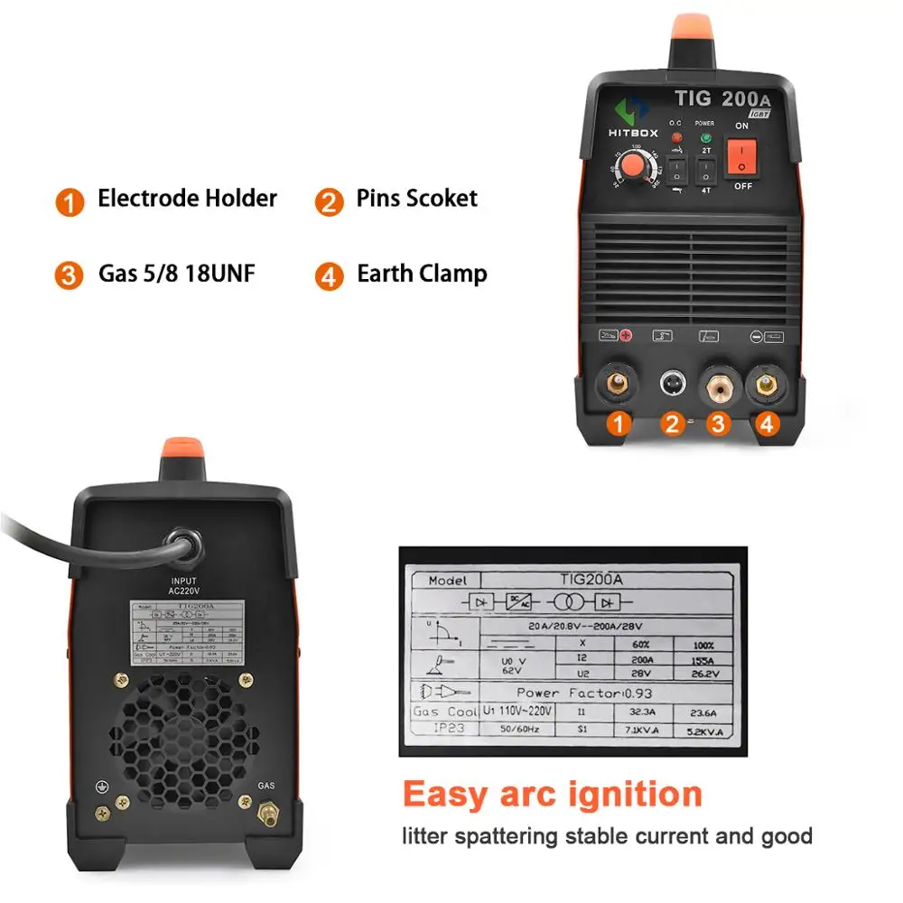 HITBOX Tig сварочный аппарат TIG200A 110 V/220 V TIG MMA функция 200A DC 2T 4T Tig сварочный аппарат для нержавеющей стали из углеродистой стали